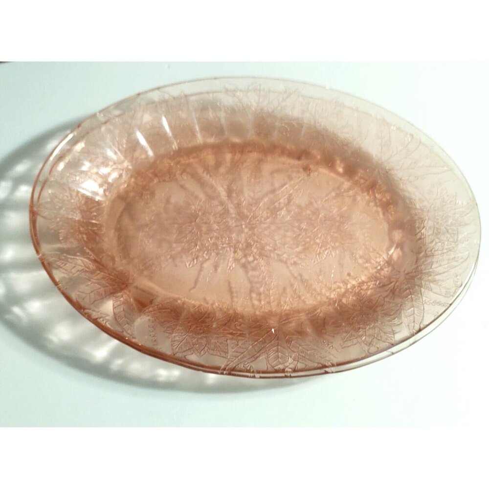 Vintage Jeannette Floral Poinsettia Pink Depression Glass Oval Platters set of 2